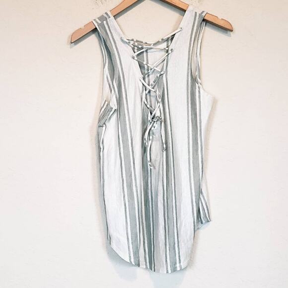 Chaser Linen Blend Striped Lace Up Back Tank Top Women's Medium Casual Summer - Picture 2 of 7